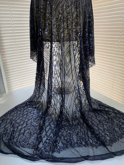 Averie NAVY BLUE Geometric Butterfly Sequins on Mesh Lace Fabric by the Yard - 10113