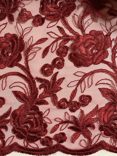 Dakota BURGUNDY Polyester Corded Floral Embroidery on Mesh Lace Fabric by the Yard - 10043