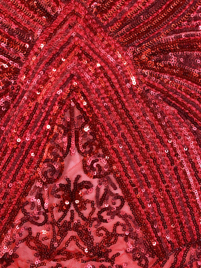Averie RED Geometric Butterfly Sequins on Mesh Lace Fabric by the Yard - 10113