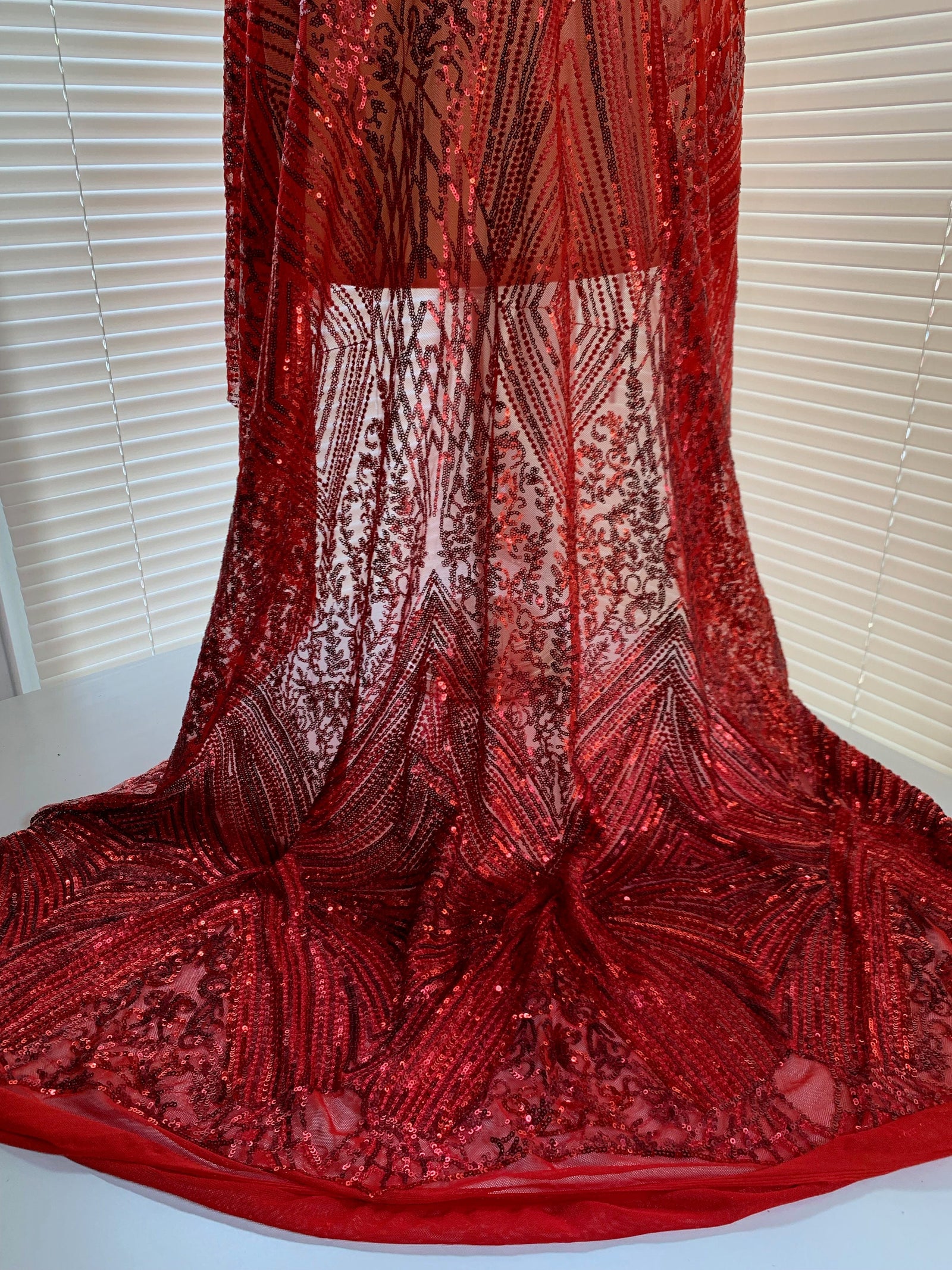 Averie RED Geometric Butterfly Sequins on Mesh Lace Fabric by the Yard - 10113