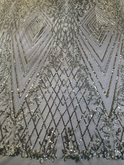 Averie SILVER Geometric Butterfly Sequins on Mesh Lace Fabric by the Yard - 10113