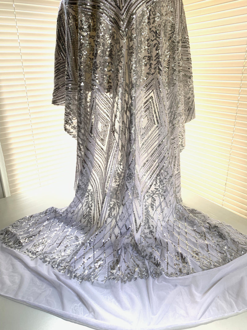 Averie SILVER Geometric Butterfly Sequins on Mesh Lace Fabric by the Yard - 10113