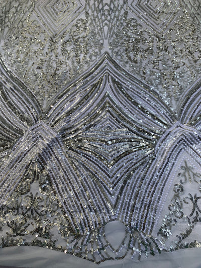 Averie SILVER Geometric Butterfly Sequins on Mesh Lace Fabric by the Yard - 10113