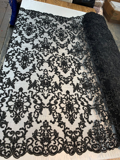 Helena-B BLACK Embroidered Damask Pattern with Faux Pearls and Beads on Mesh Lace Fabric by the Yard - 10225