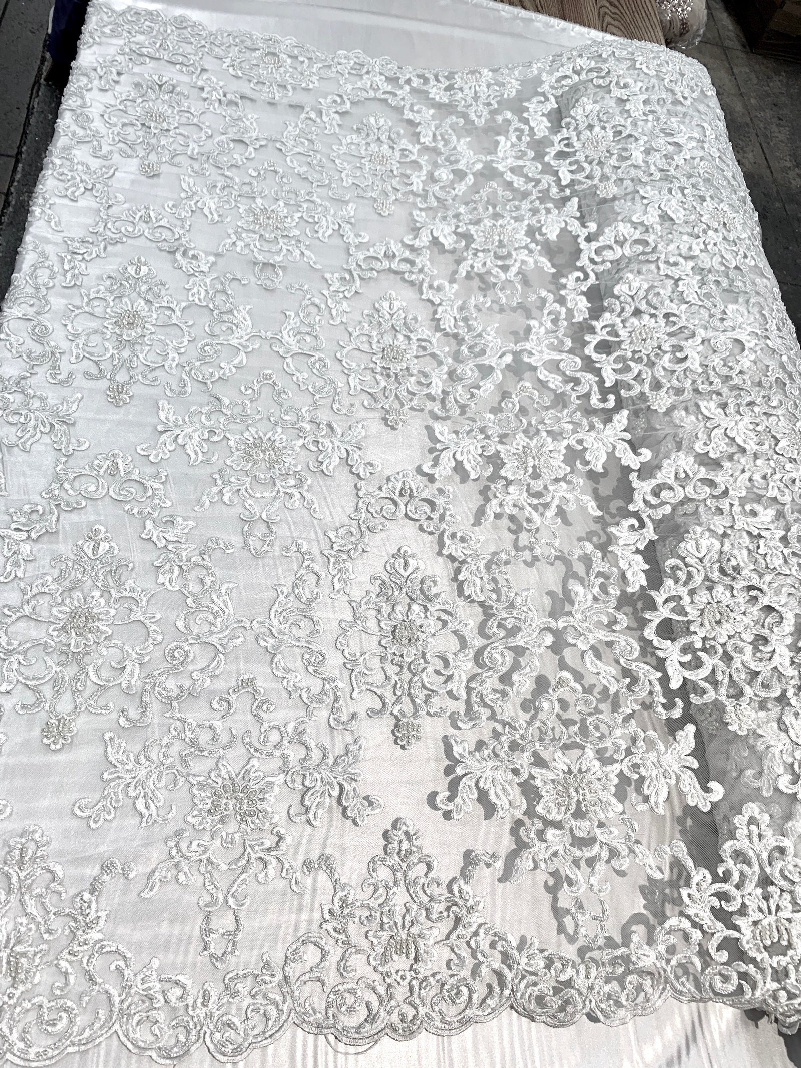 Helena-B WHITE Embroidered Damask Pattern with Faux Pearls and Beads on Mesh Lace Fabric by the Yard - 10225