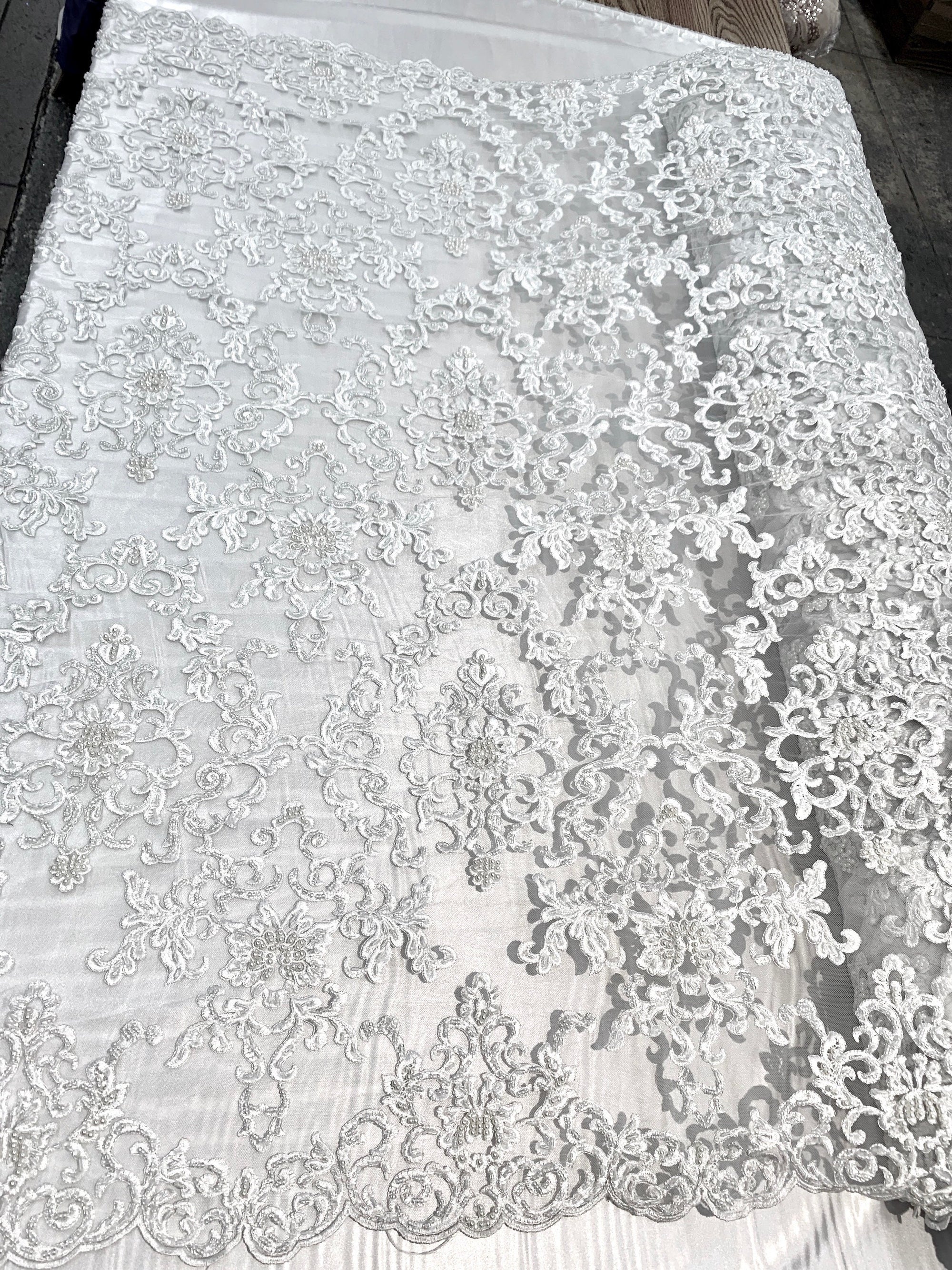 Helena-B WHITE Embroidered Damask Pattern with Faux Pearls and Beads on Mesh Lace Fabric by the Yard - 10225