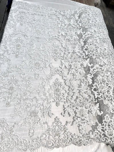 Helena-B WHITE Embroidered Damask Pattern with Faux Pearls and Beads on Mesh Lace Fabric by the Yard - 10225