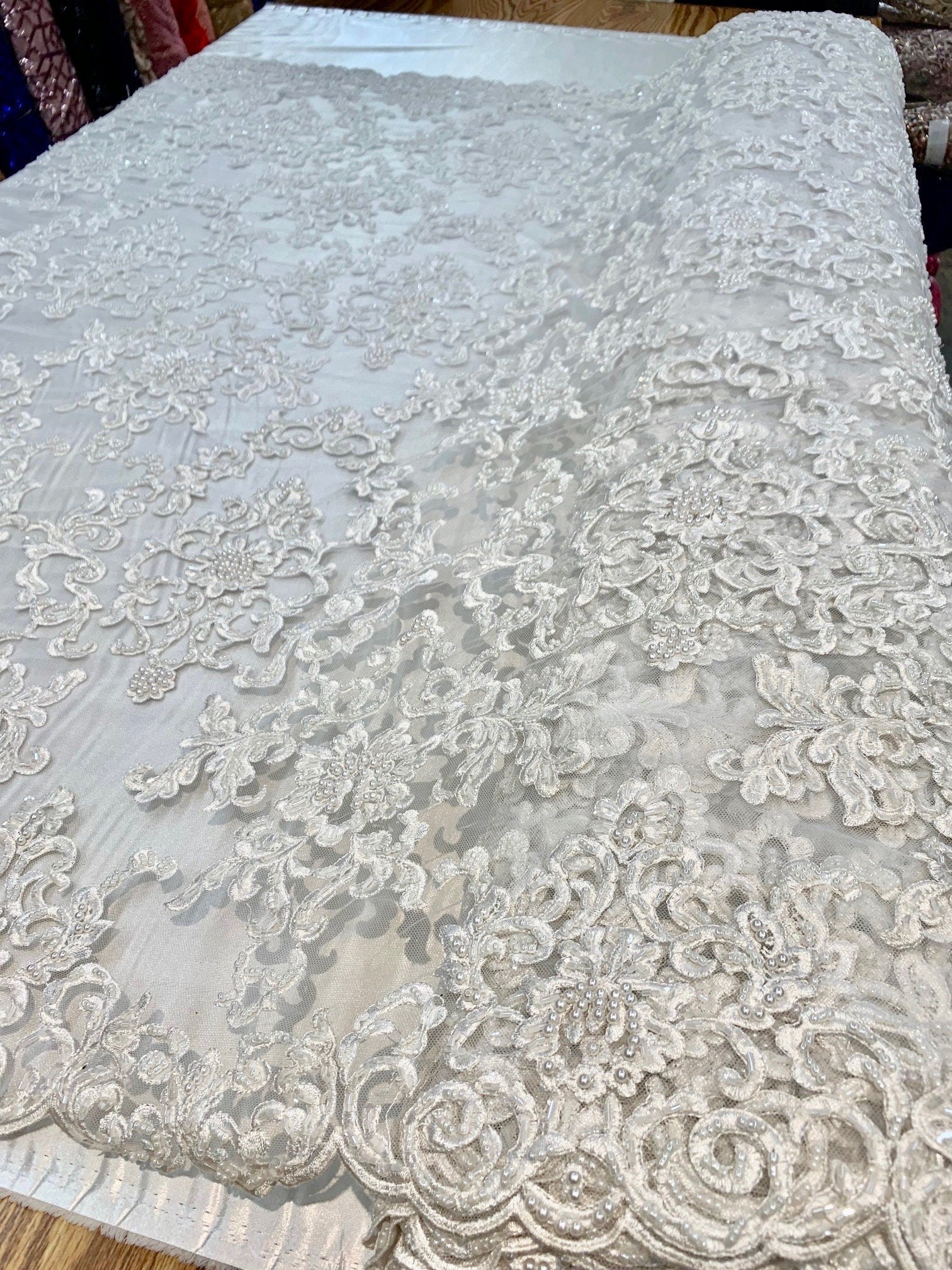 Helena-B IVORY Embroidered Damask Pattern with Faux Pearls and Beads on Mesh Lace Fabric by the Yard - 10225