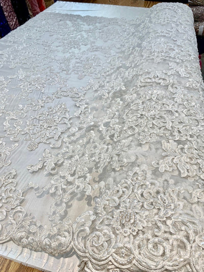 Helena-B IVORY Embroidered Damask Pattern with Faux Pearls and Beads on Mesh Lace Fabric by the Yard - 10225