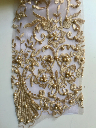 Daphne CHAMPAGNE Faux Pearls Beaded Flowers and Vines Lace Embroidery on Mesh Fabric by the Yard - 10103