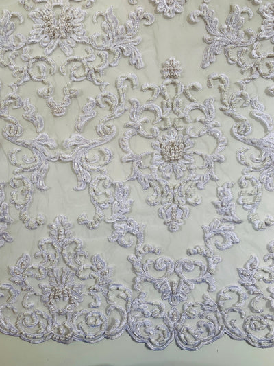 Helena-B WHITE Embroidered Damask Pattern with Faux Pearls and Beads on Mesh Lace Fabric by the Yard - 10225