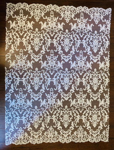Helena-B WHITE Embroidered Damask Pattern with Faux Pearls and Beads on Mesh Lace Fabric by the Yard - 10225