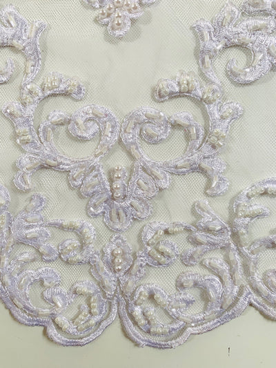 Helena-B WHITE Embroidered Damask Pattern with Faux Pearls and Beads on Mesh Lace Fabric by the Yard - 10225