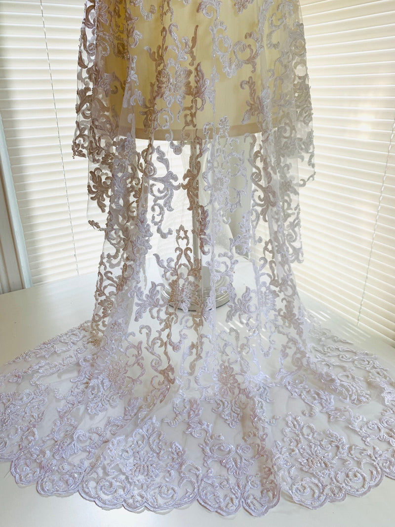 Helena-B WHITE Embroidered Damask Pattern with Faux Pearls and Beads on Mesh Lace Fabric by the Yard - 10225