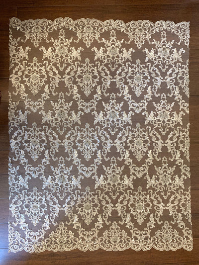 Helena TAUPE Embroidered Damask Pattern with Faux Pearls and Beads on Mesh Lace Fabric by the Yard - 10139