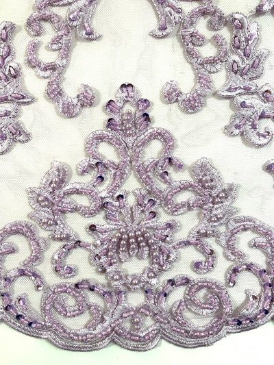 Helena-B LILAC Embroidered Damask Pattern with Faux Pearls and Beads on Mesh Lace Fabric by the Yard - 10225