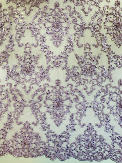 Helena-B LILAC Embroidered Damask Pattern with Faux Pearls and Beads on Mesh Lace Fabric by the Yard - 10225