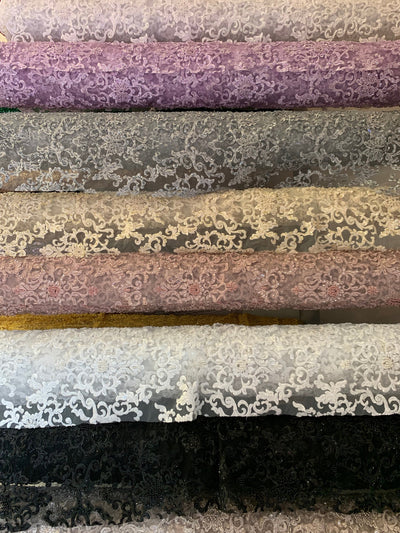 Helena-B LILAC Embroidered Damask Pattern with Faux Pearls and Beads on Mesh Lace Fabric by the Yard - 10225