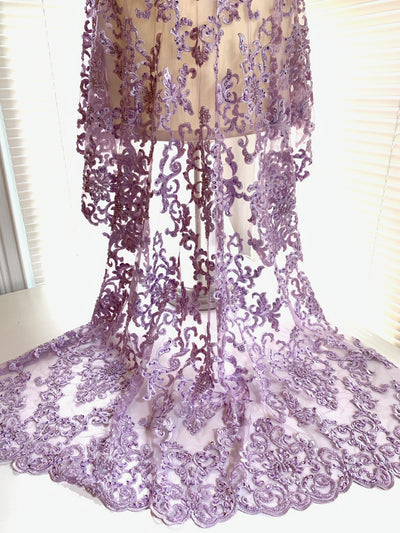 Helena-B LILAC Embroidered Damask Pattern with Faux Pearls and Beads on Mesh Lace Fabric by the Yard - 10225