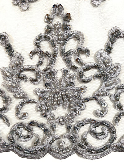 Helena GREY Embroidered Damask Pattern with Faux Pearls and Beads on Mesh Lace Fabric by the Yard - 10139