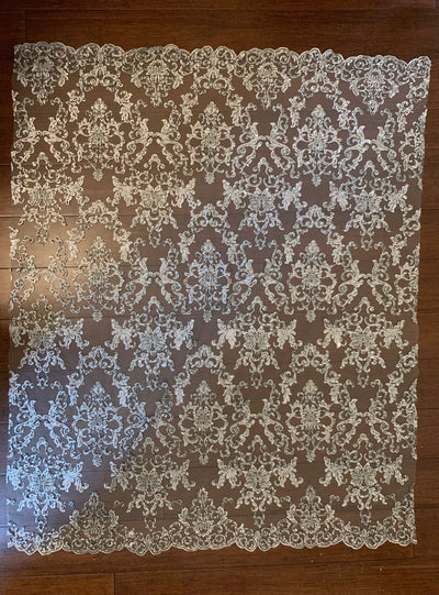 Helena GREY Embroidered Damask Pattern with Faux Pearls and Beads on Mesh Lace Fabric by the Yard - 10139