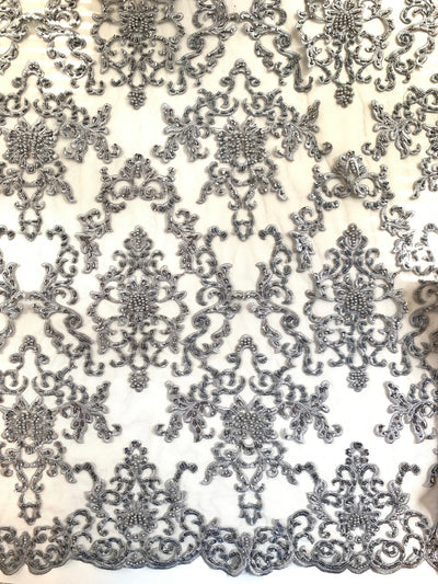 Helena GREY Embroidered Damask Pattern with Faux Pearls and Beads on Mesh Lace Fabric by the Yard - 10139