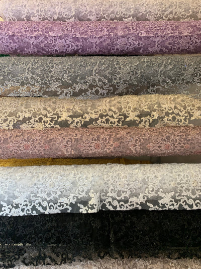 Helena GREY Embroidered Damask Pattern with Faux Pearls and Beads on Mesh Lace Fabric by the Yard - 10139