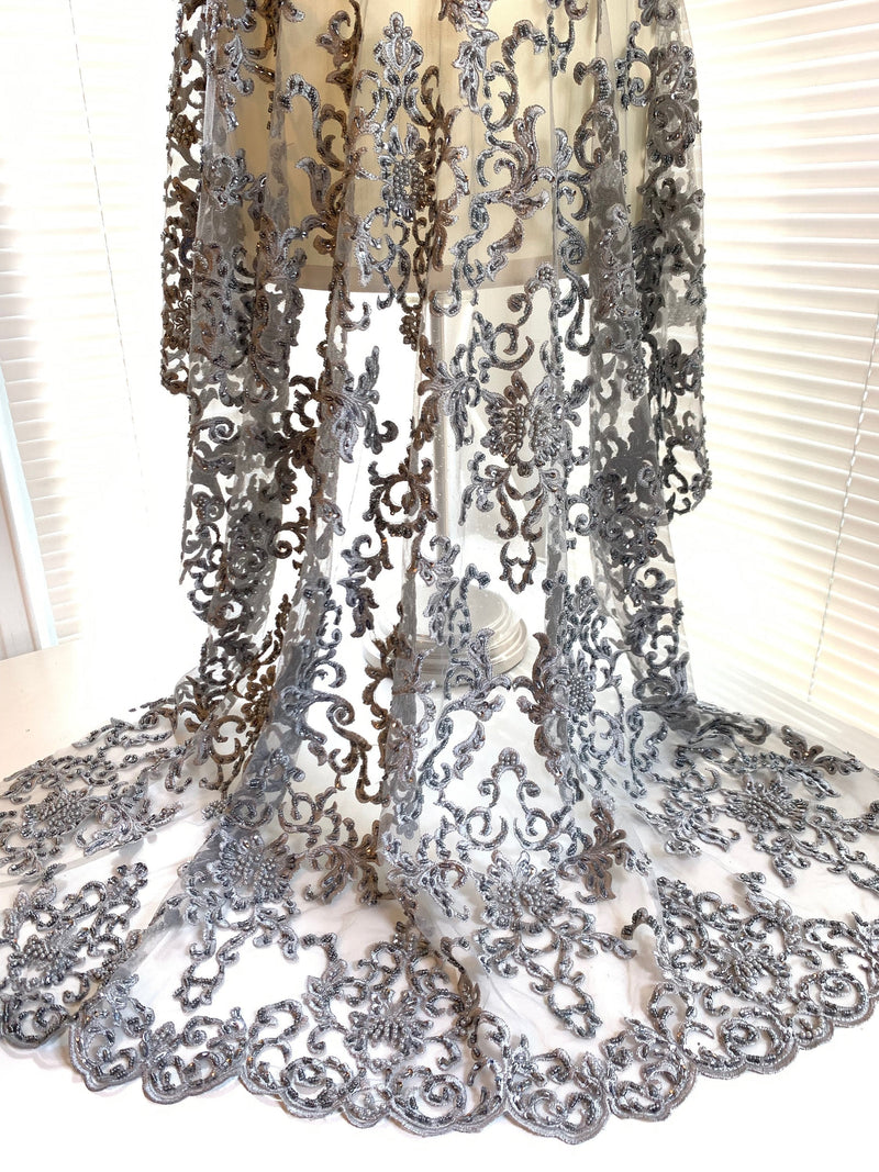 Helena GREY Embroidered Damask Pattern with Faux Pearls and Beads on Mesh Lace Fabric by the Yard - 10139