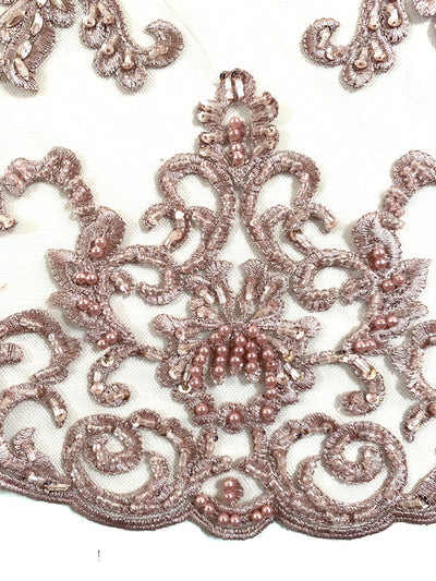 Helena DUSTY PINK Embroidered Damask Pattern with Faux Pearls and Beads on Mesh Lace Fabric by the Yard - 10139