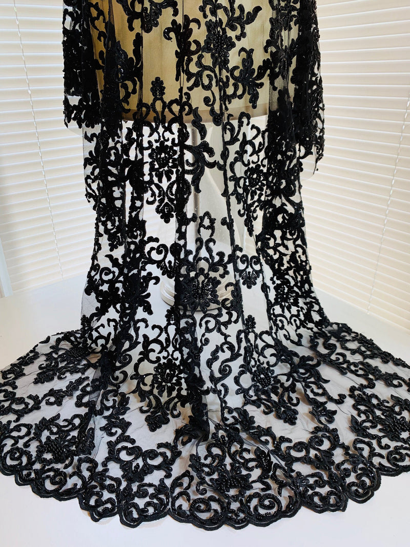 Helena-B BLACK Embroidered Damask Pattern with Faux Pearls and Beads on Mesh Lace Fabric by the Yard - 10225