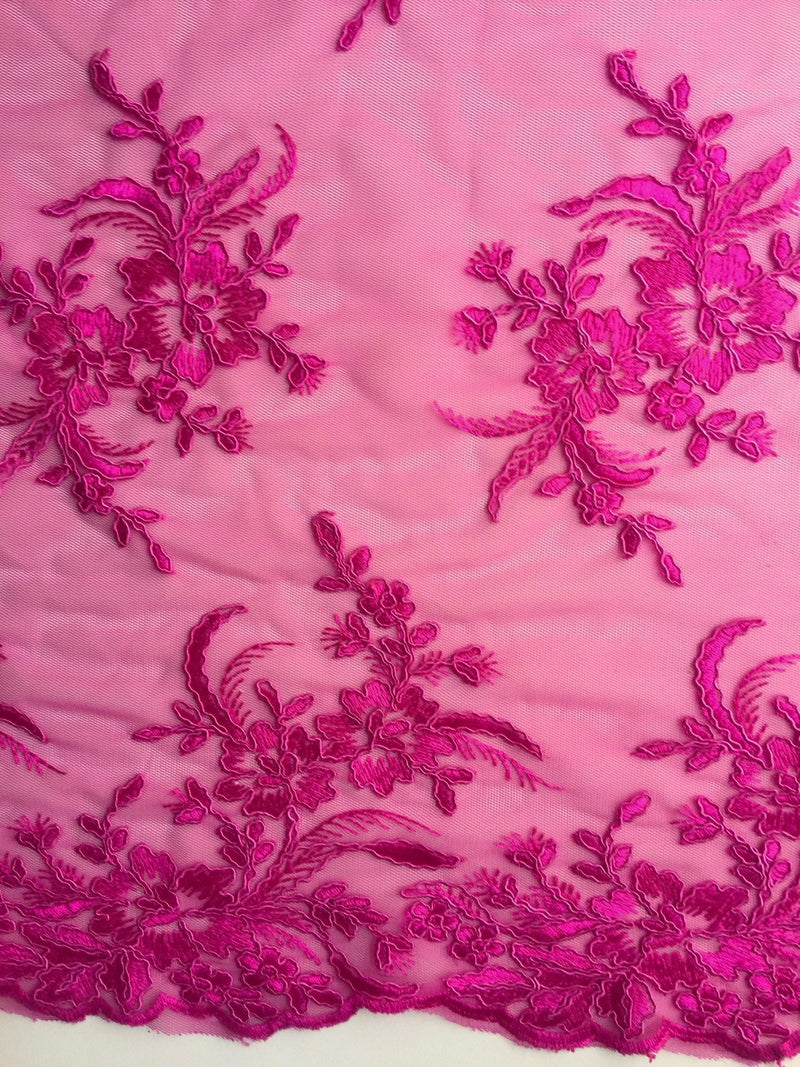Callie HOT PINK Polyester Floral Corsage Embroidery on Mesh Lace Fabric by the Yard - 10025