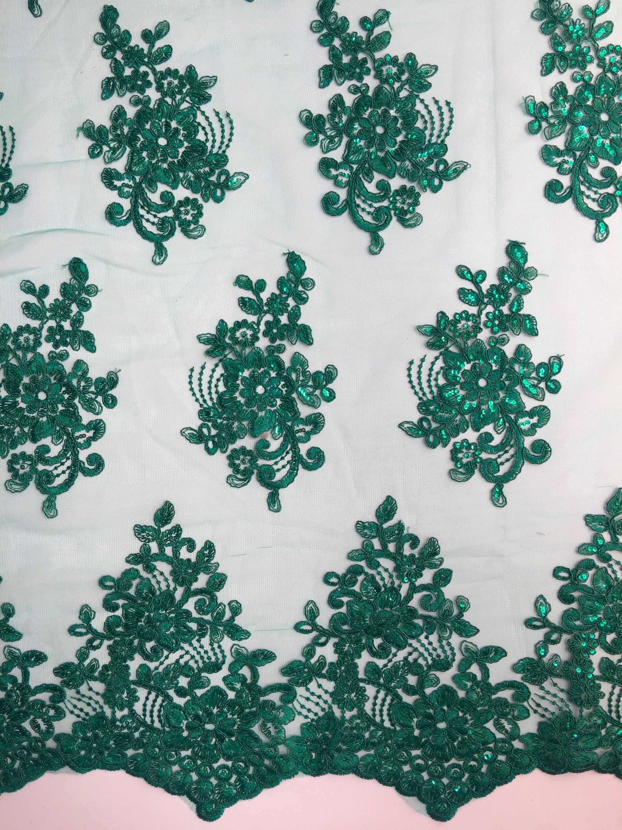 Brianna HUNTER GREEN Polyester Floral Embroidery with Sequins on Mesh Lace Fabric by the Yard - 10020