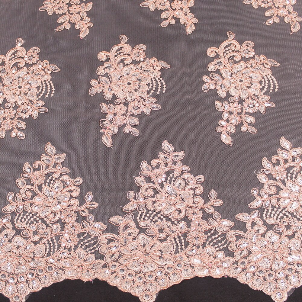 Brianna PEACH Polyester Floral Embroidery with Sequins on Mesh Lace Fabric by the Yard - 10020
