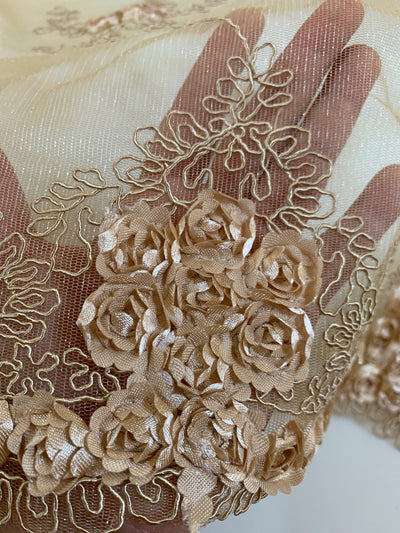 Andrea CHAMPAGNE 3D Floral Matte Corded Embroidery on Mesh Lace Fabric by the Yard - 10016