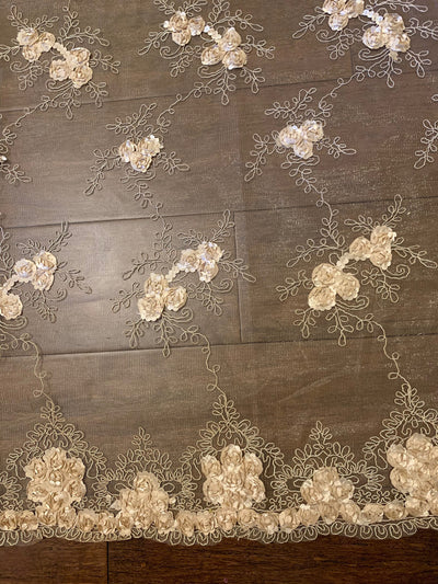 Andrea CHAMPAGNE 3D Floral Matte Corded Embroidery on Mesh Lace Fabric by the Yard - 10016