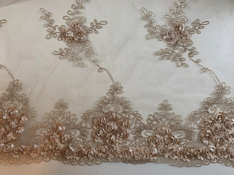 Andrea CHAMPAGNE 3D Floral Matte Corded Embroidery on Mesh Lace Fabric by the Yard - 10016