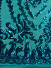 Miranda TEAL Vines and Leaves Sequins on TEAL Mesh Lace Fabric by the Yard - 10061