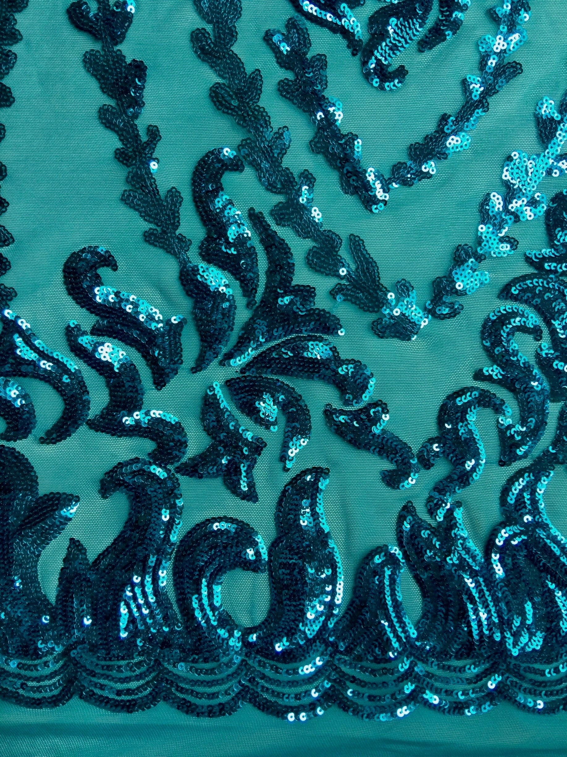 Miranda TEAL Vines and Leaves Sequins on TEAL Mesh Lace Fabric by the Yard - 10061