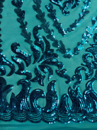 Miranda TEAL Vines and Leaves Sequins on TEAL Mesh Lace Fabric by the Yard - 10061