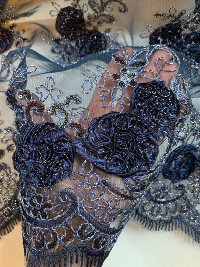 Ryleigh NAVY BLUE 3D Floral Embroidery with Foil & Sequins on Mesh Lace Fabric by the Yard - 10010
