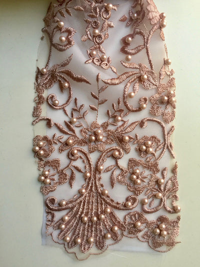 Daphne DUSTY ROSE Faux Pearls Beaded Flowers and Vines Lace Embroidery on Mesh Fabric by the Yard - 10103