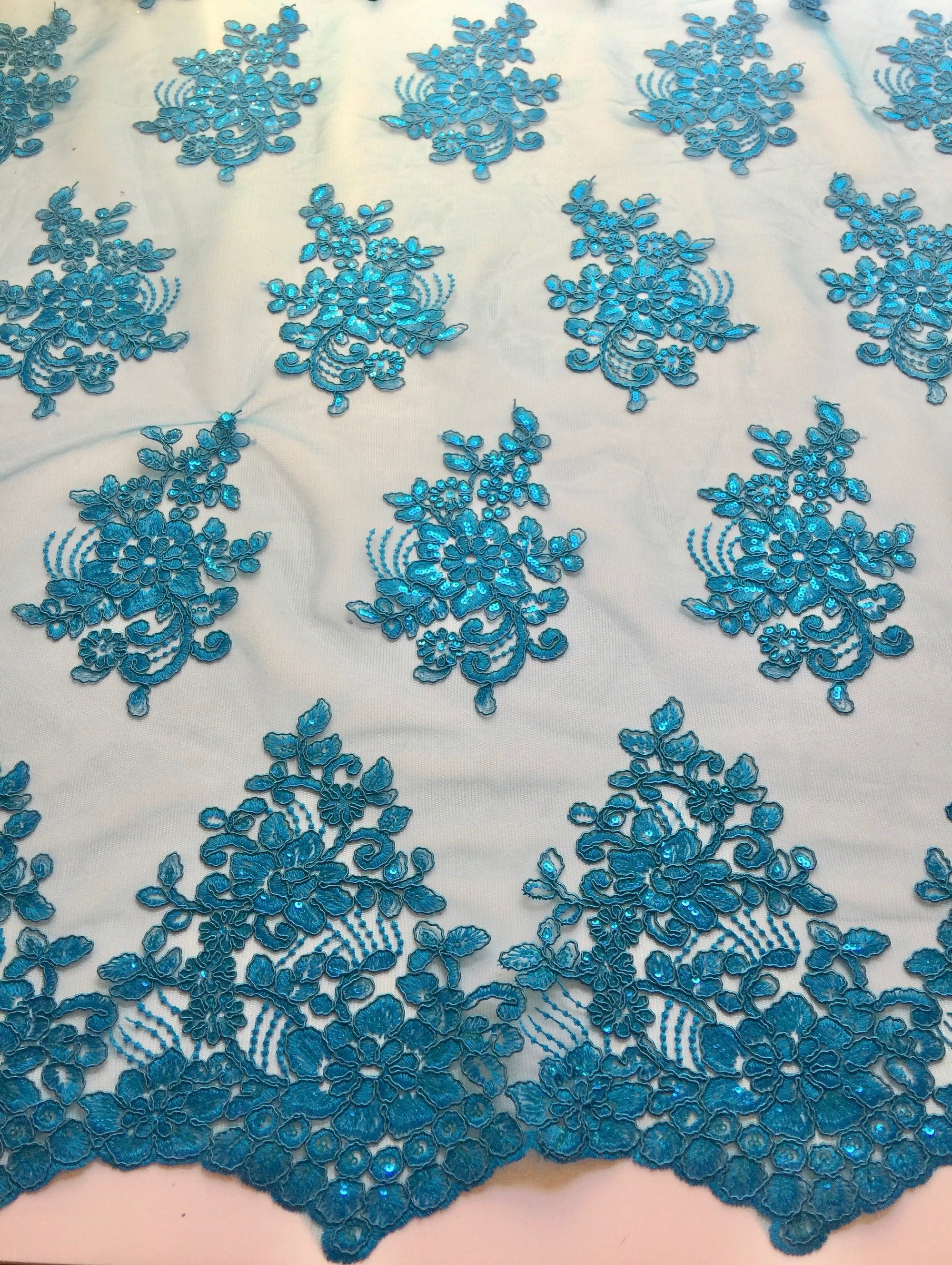Brianna TURQUOISE Polyester Floral Embroidery with Sequins on Mesh Lace Fabric by the Yard - 10020