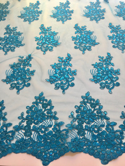 Brianna TURQUOISE Polyester Floral Embroidery with Sequins on Mesh Lace Fabric by the Yard - 10020