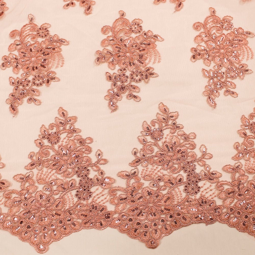 Brianna DARK CORAL Polyester Floral Embroidery with Sequins on Mesh Lace Fabric by the Yard - 10020