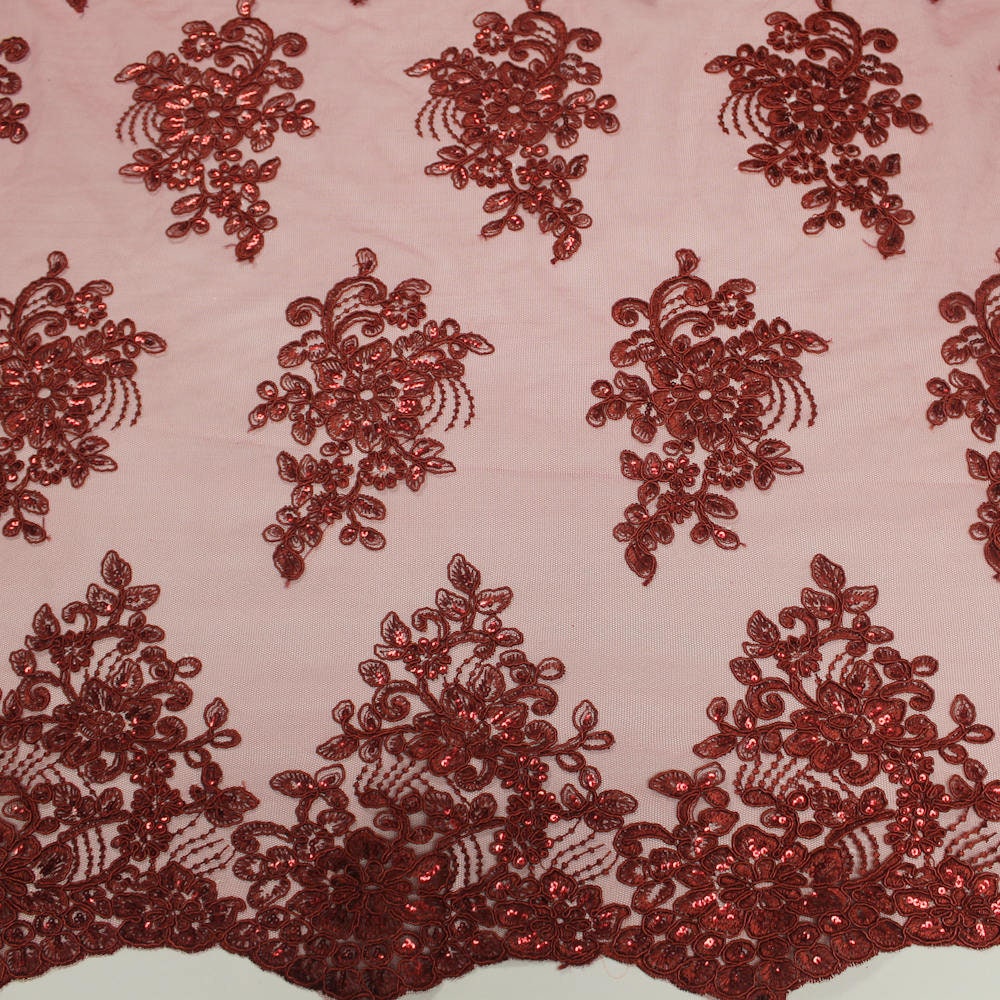 Brianna BURGUNDY Polyester Floral Embroidery with Sequins on Mesh Lace Fabric by the Yard - 10020