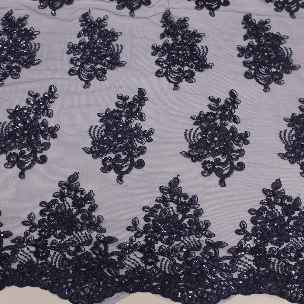 Brianna NAVY BLUE Polyester Floral Embroidery with Sequins on Mesh Lace Fabric by the Yard - 10020
