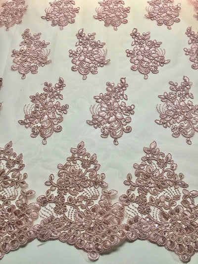 Brianna OLD ROSE Polyester Floral Embroidery with Sequins on Mesh Lace Fabric by the Yard - 10020