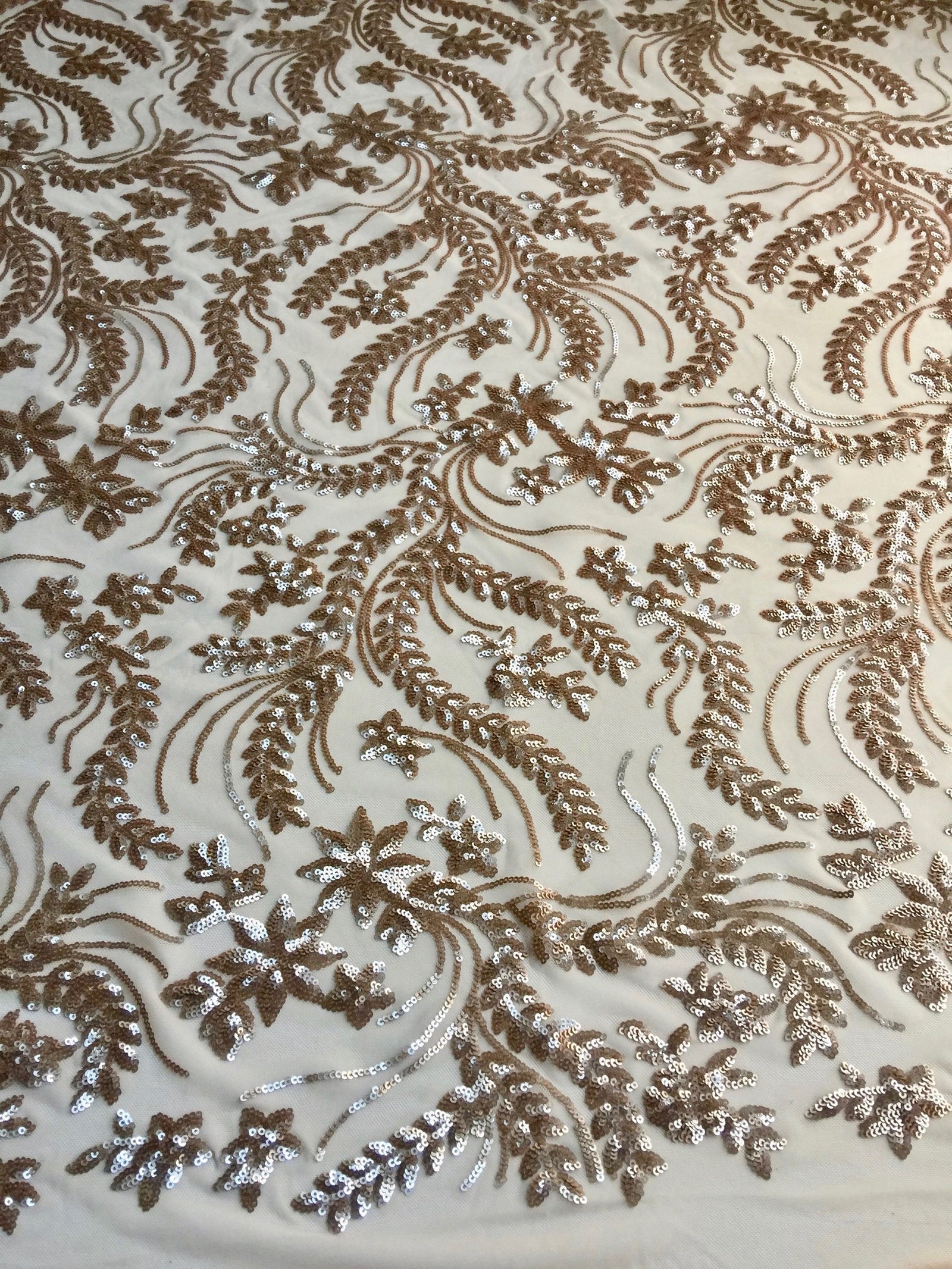 Erin CHAMPAGNE Flowers and Leaves Sequins on Mesh Lace Fabric by the Yard - 10063