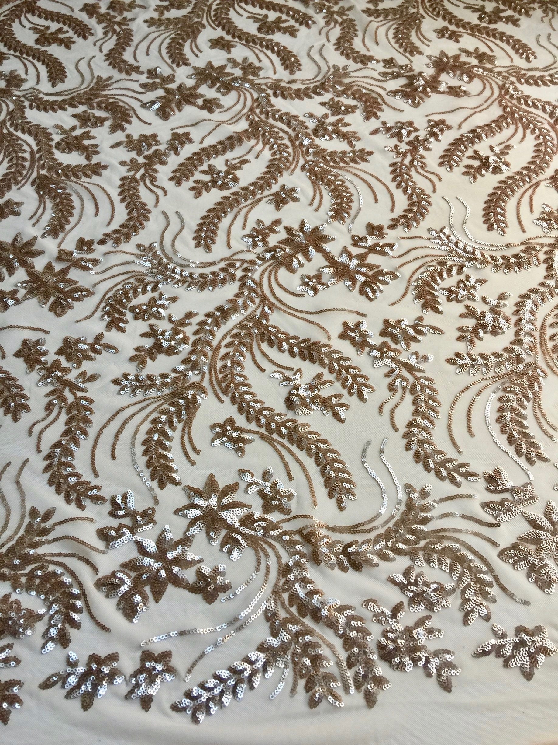 Erin CHAMPAGNE Flowers and Leaves Sequins on Mesh Lace Fabric by the Yard - 10063