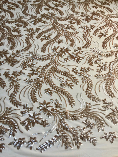Erin CHAMPAGNE Flowers and Leaves Sequins on Mesh Lace Fabric by the Yard - 10063